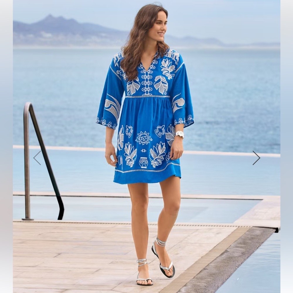 Johnny Was Jade NWT Barbara Embroidered Mini Dress Medium Blue White & slip